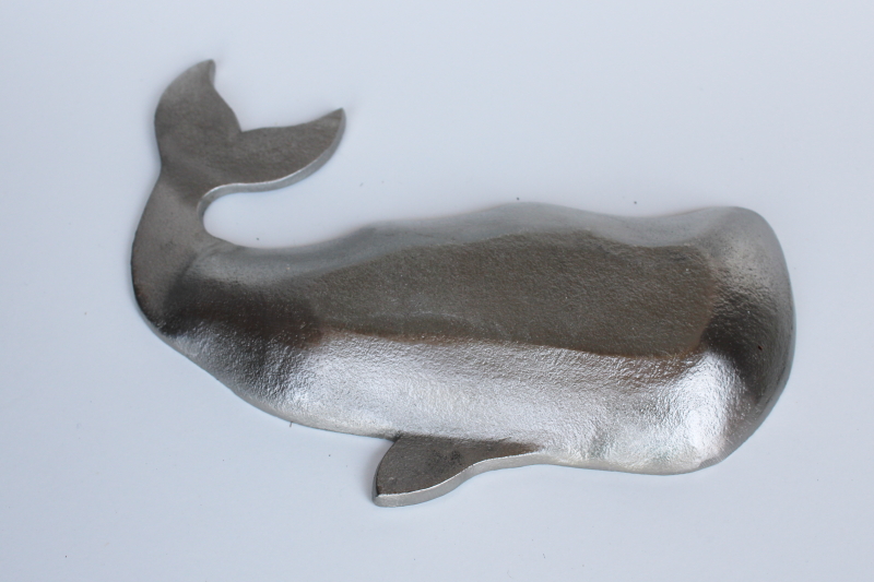 photo of vintage cast aluminum whale, metal trinket dish for coins or keys, preppy style coastal decor #2