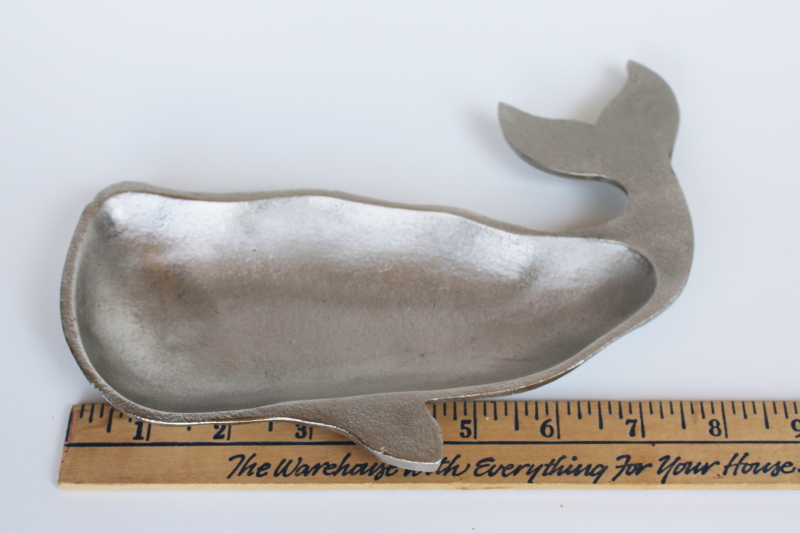 photo of vintage cast aluminum whale, metal trinket dish for coins or keys, preppy style coastal decor #3