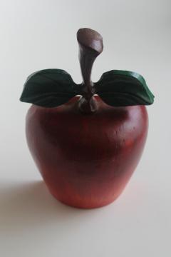 catalog photo of vintage cast iron apple doorstop or book end, country primitive big red apple 