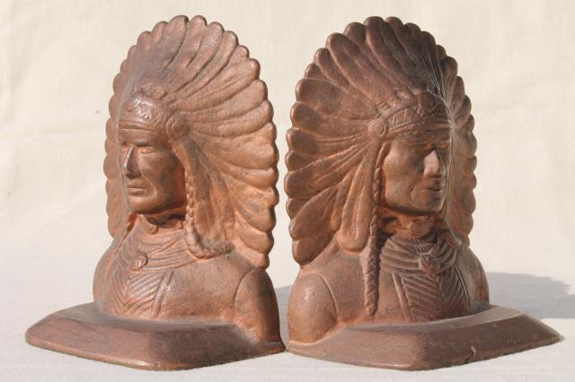 photo of vintage cast iron bookends, Native American Indian chief pair of Indians book ends #1