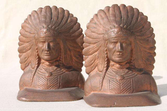 photo of vintage cast iron bookends, Native American Indian chief pair of Indians book ends #3