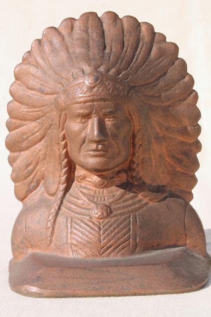 photo of vintage cast iron bookends, Native American Indian chief pair of Indians book ends #4