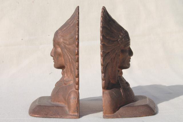 photo of vintage cast iron bookends, Native American Indian chief pair of Indians book ends #5