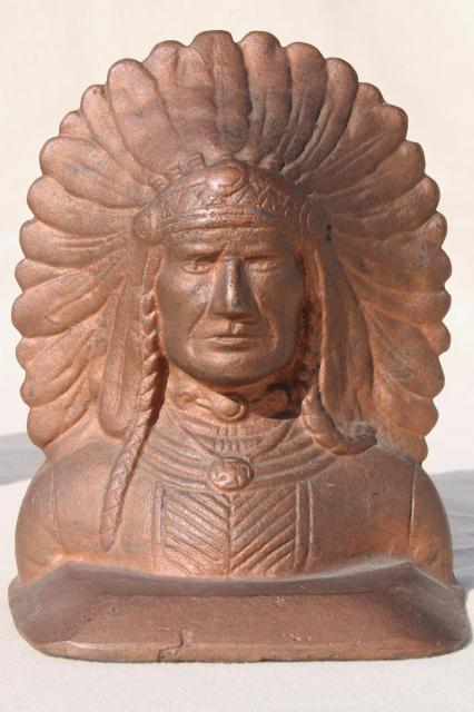 photo of vintage cast iron bookends, Native American Indian chief pair of Indians book ends #6