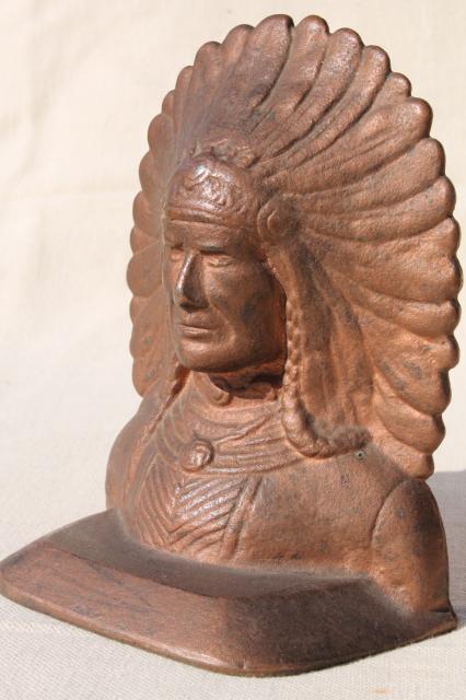 photo of vintage cast iron bookends, Native American Indian chief pair of Indians book ends #10