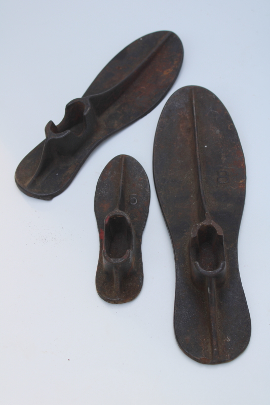 photo of vintage cast iron cobbler's anvil, shoe last set foot shape molds w/ tall stand  #6
