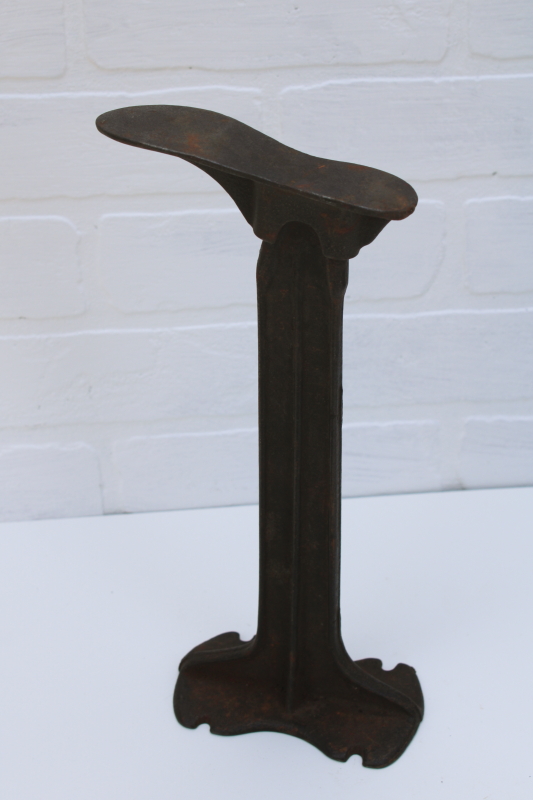 photo of vintage cast iron cobbler's anvil, shoe last set foot shape molds w/ tall stand  #7