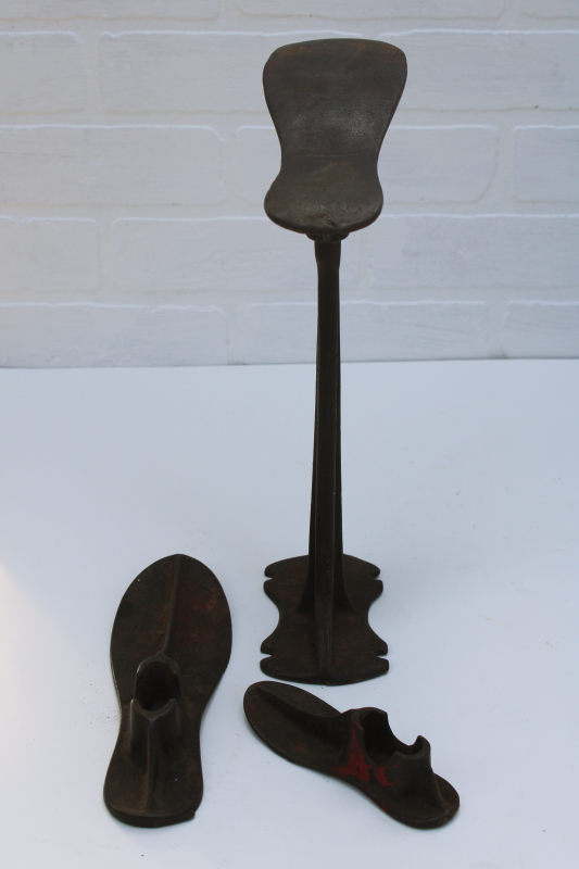 photo of vintage cast iron cobbler's anvil, shoe last set foot shape molds w/ tall stand  #8