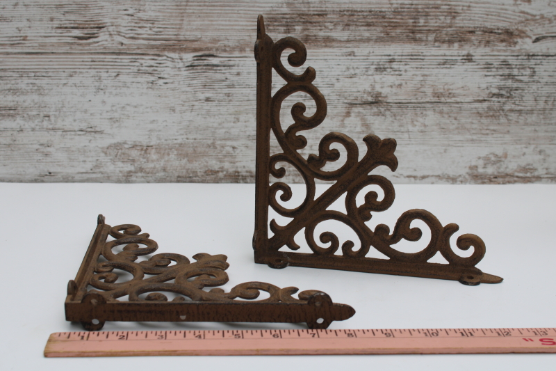 photo of vintage cast iron corbels, ornate filigree shelf brackets antique reproduction hardware  #4