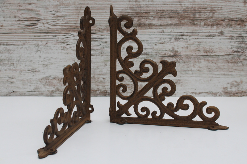 photo of vintage cast iron corbels, ornate filigree shelf brackets antique reproduction hardware  #5