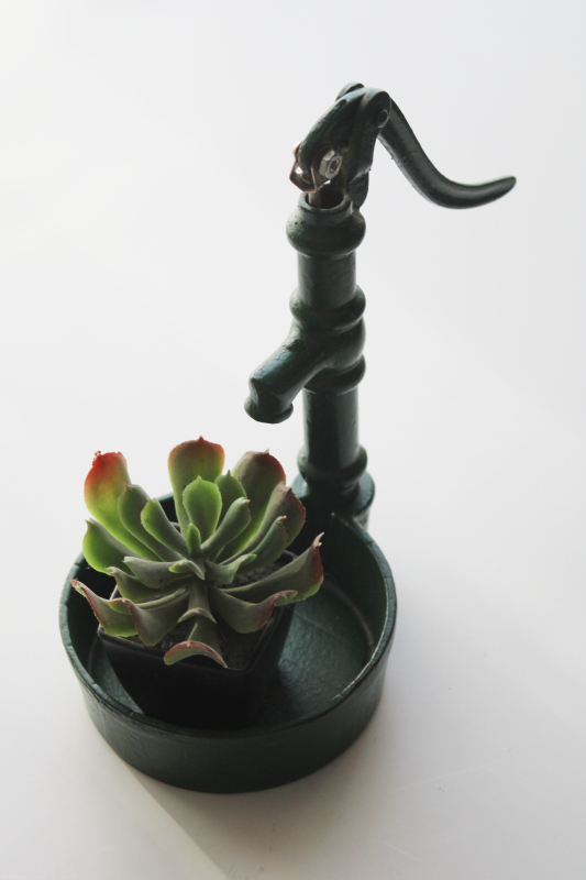 photo of vintage cast iron decorative miniature hand pump w/ barrel planter pot, old green paint #1