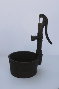 catalog photo of vintage cast iron decorative miniature hand pump w/ barrel planter pot