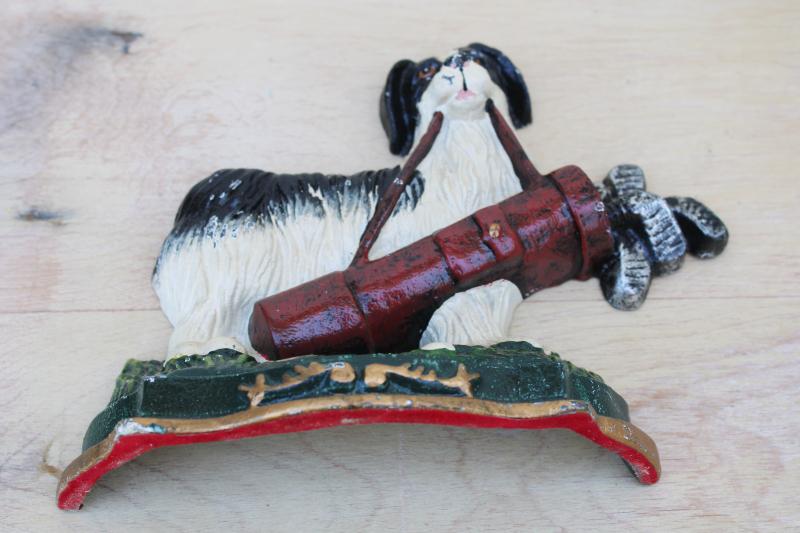 photo of vintage cast iron doorstop or fireplace dog, black & white landseer w/ golf clubs bag #4