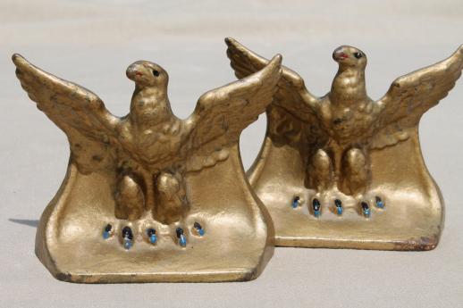 photo of vintage cast iron eagle bookends, pair of eagles book ends w/ original old paint #1