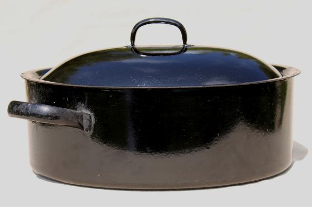 photo of vintage cast iron enamel ware oval dutch oven roasting pan, high style design w/ offset handles #6