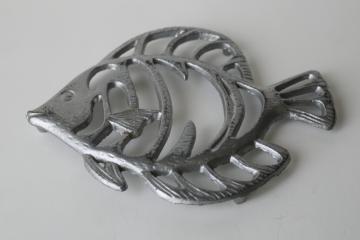 catalog photo of vintage cast iron fish shape trivet w/ silvery finish, metal wall art coastal decor 