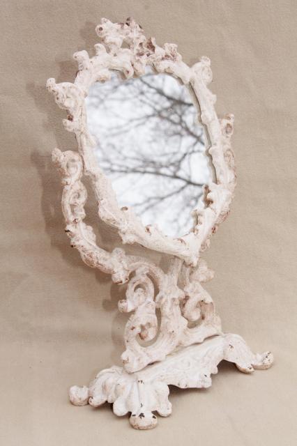 photo of vintage cast iron frame mirror on stand, heart shape vanity mirror w/ shabby chippy paint #5