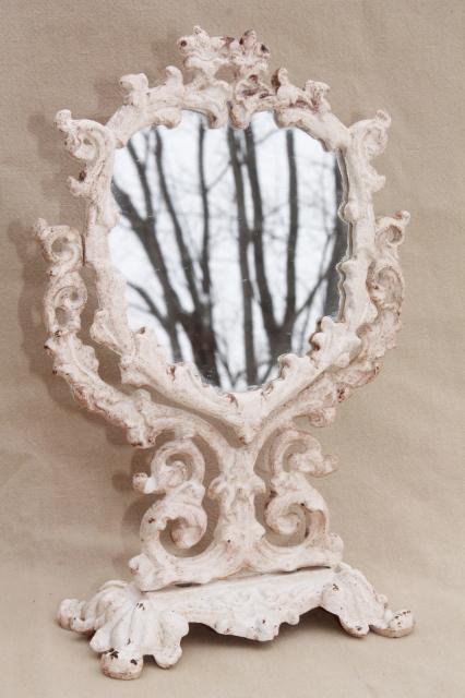 photo of vintage cast iron frame mirror on stand, heart shape vanity mirror w/ shabby chippy paint #7