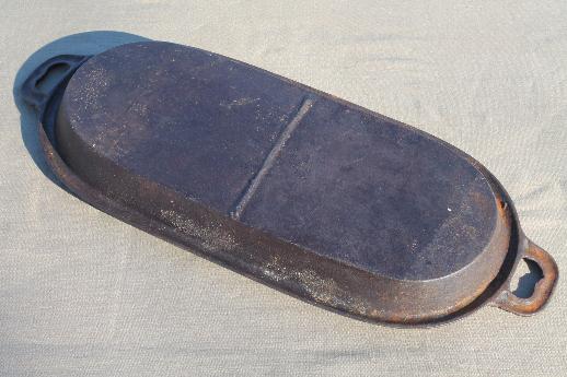 photo of vintage cast iron griddle for a wood stove, primitive old iron tray w/ handles #5