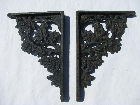 photo of vintage cast iron hardware shelves supports, floral pattern corbel shelf brackets #2