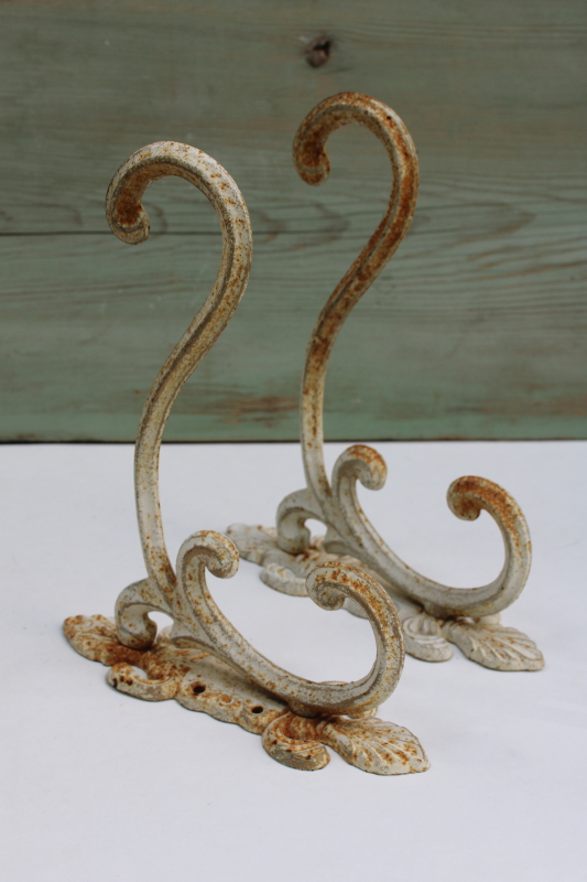 photo of vintage cast iron hooks, large ornate wall mount plant hangers or coat hooks w/ old white paint #1