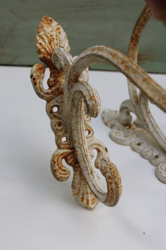 photo of vintage cast iron hooks, large ornate wall mount plant hangers or coat hooks w/ old white paint  #2