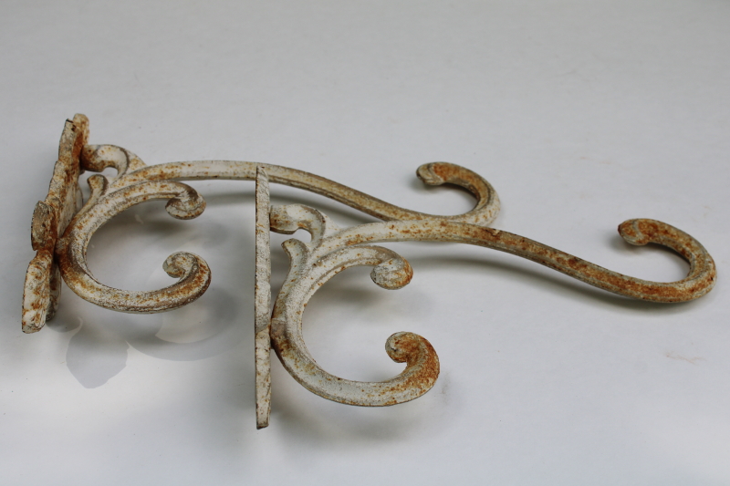 photo of vintage cast iron hooks, large ornate wall mount plant hangers or coat hooks w/ old white paint  #3
