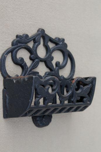 photo of vintage cast iron match holder wall pocket, black wrought iron style metal match safe  #1