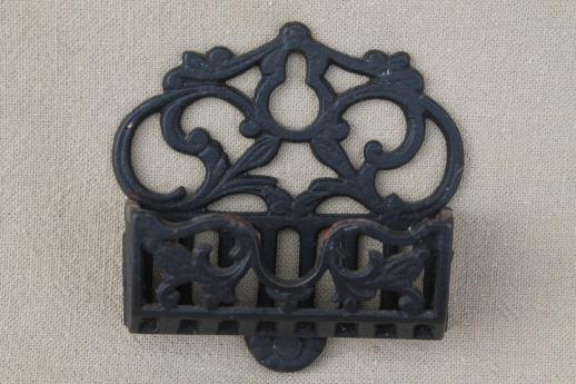 photo of vintage cast iron match holder wall pocket, black wrought iron style metal match safe  #2