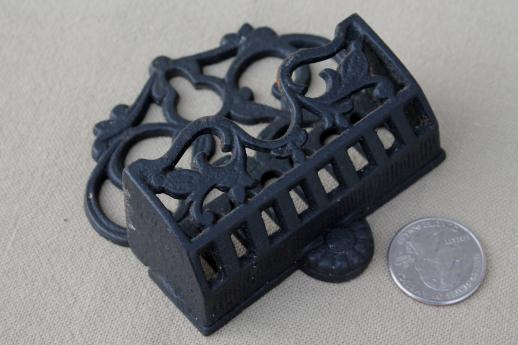 photo of vintage cast iron match holder wall pocket, black wrought iron style metal match safe  #3