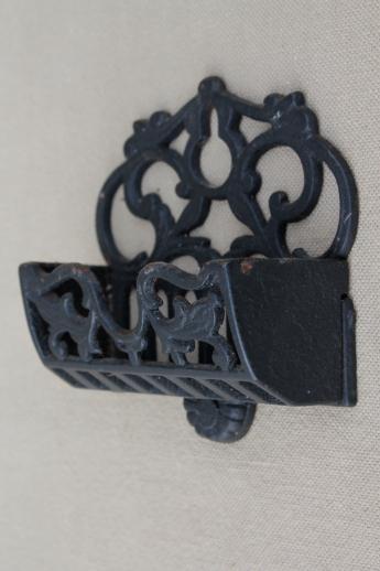 photo of vintage cast iron match holder wall pocket, black wrought iron style metal match safe  #6