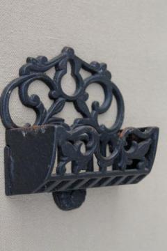 catalog photo of vintage cast iron match holder wall pocket, black wrought iron style metal match safe 