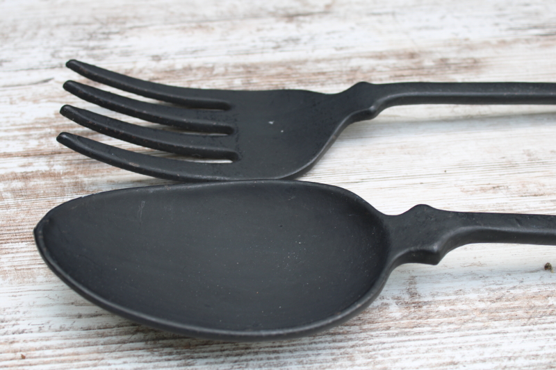 photo of vintage cast iron oversized fork & spoon, primitive style wall art farmhouse kitchen decor rustic black metal  #2