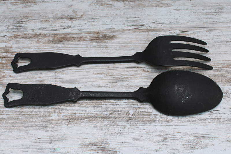 photo of vintage cast iron oversized fork & spoon, primitive style wall art farmhouse kitchen decor rustic black metal  #3
