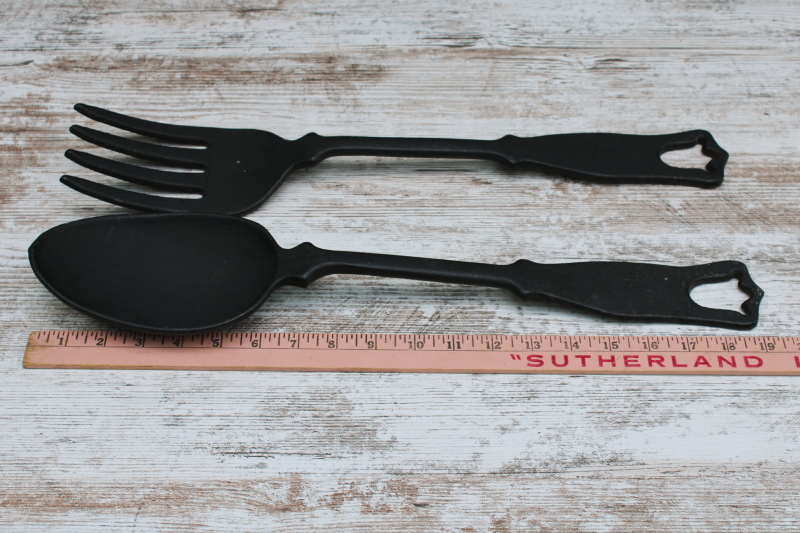 photo of vintage cast iron oversized fork & spoon, primitive style wall art farmhouse kitchen decor rustic black metal  #6