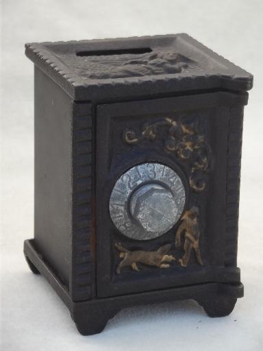 photo of vintage cast iron safe savings bank, miniature toy safe w/ 'lock' #1