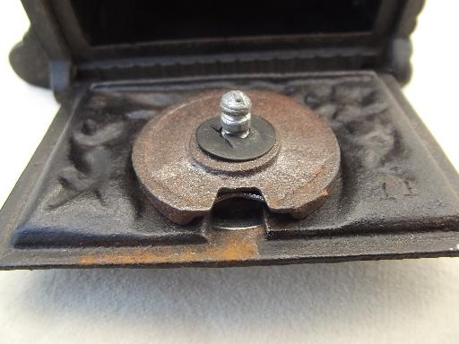 photo of vintage cast iron safe savings bank, miniature toy safe w/ 'lock' #4