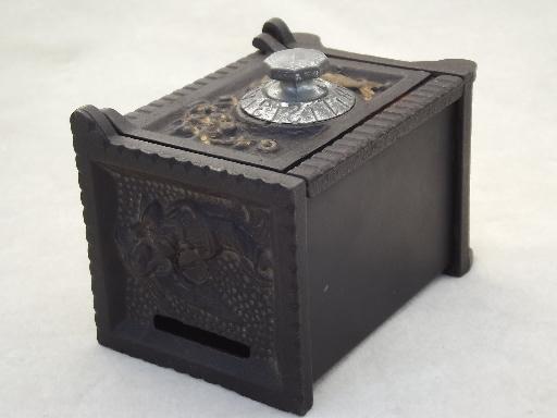 photo of vintage cast iron safe savings bank, miniature toy safe w/ 'lock' #5