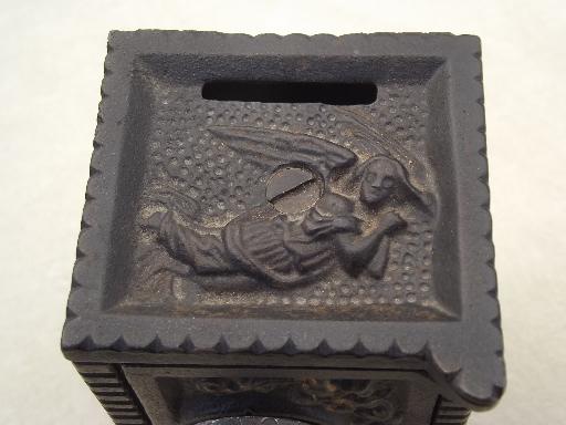 photo of vintage cast iron safe savings bank, miniature toy safe w/ 'lock' #7