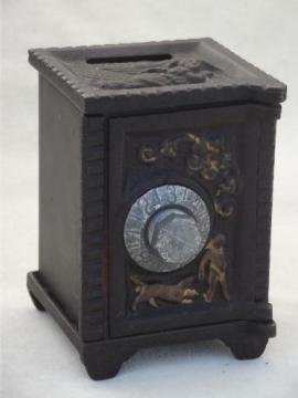 catalog photo of vintage cast iron safe savings bank, miniature toy safe w/ 'lock'