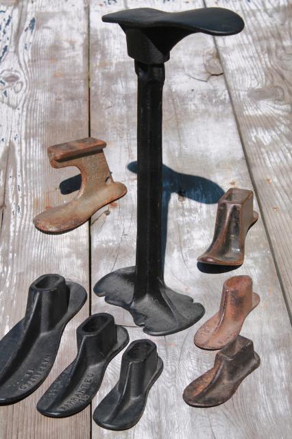 photo of vintage cast iron shoe last set w/ metal foot shape stretchers, feet in all sizes #1