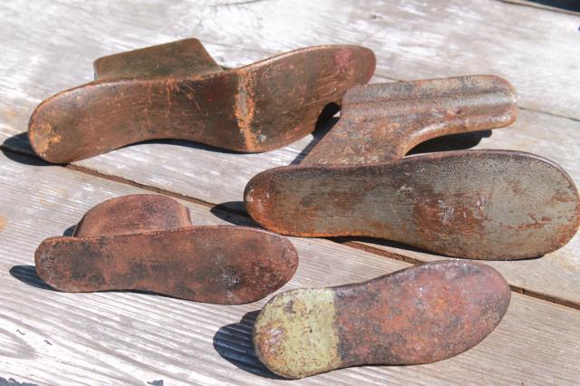 photo of vintage cast iron shoe last set w/ metal foot shape stretchers, feet in all sizes #2