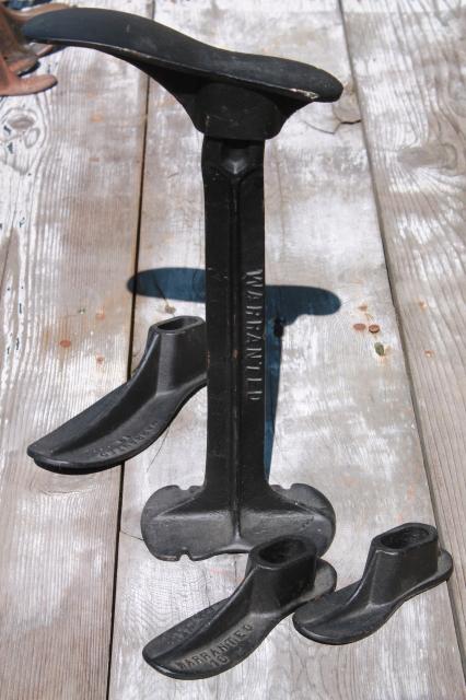 photo of vintage cast iron shoe last set w/ metal foot shape stretchers, feet in all sizes #4