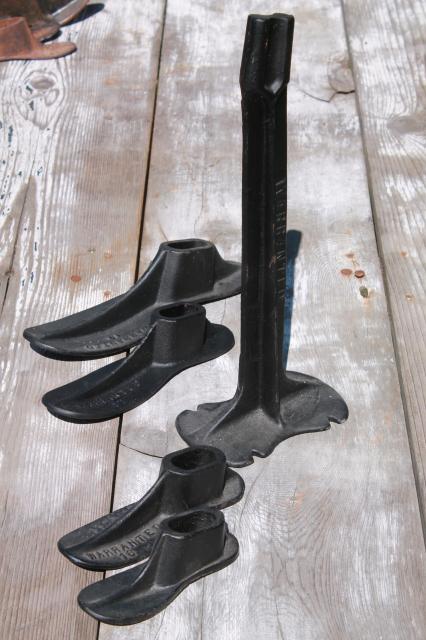 photo of vintage cast iron shoe last set w/ metal foot shape stretchers, feet in all sizes #5