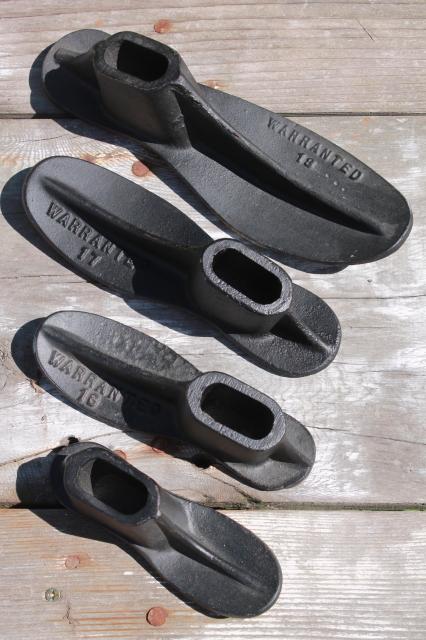 photo of vintage cast iron shoe last set w/ metal foot shape stretchers, feet in all sizes #6