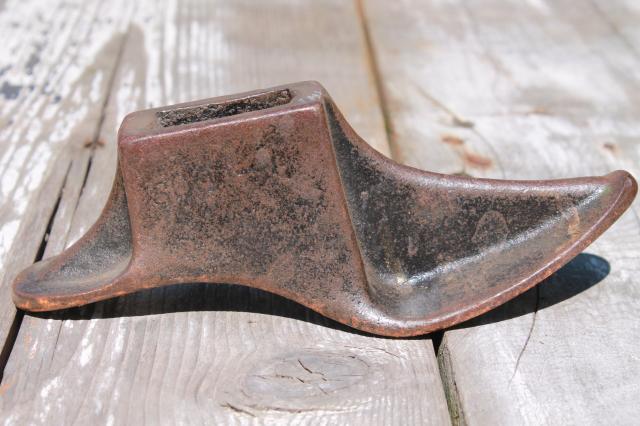 photo of vintage cast iron shoe last set w/ metal foot shape stretchers, feet in all sizes #9