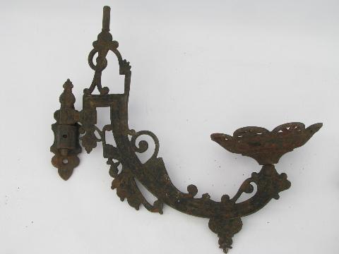 photo of vintage cast iron wall sconce brackets & arms, antique oil lamp holders #2