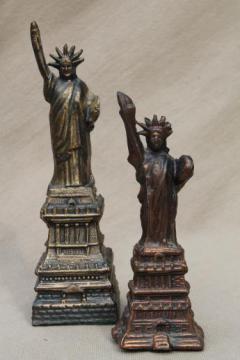 catalog photo of vintage cast metal architectural miniatures, Statue of Liberty figures