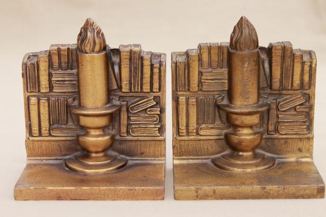 photo of vintage cast metal bookends w/ antique brass finish, book & candle stick stacks of books #3