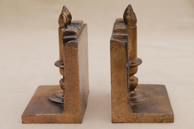 photo of vintage cast metal bookends w/ antique brass finish, book & candle stick stacks of books #4